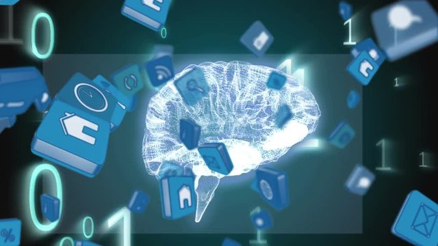 Online and application icons in squares with binary codes and digital brain