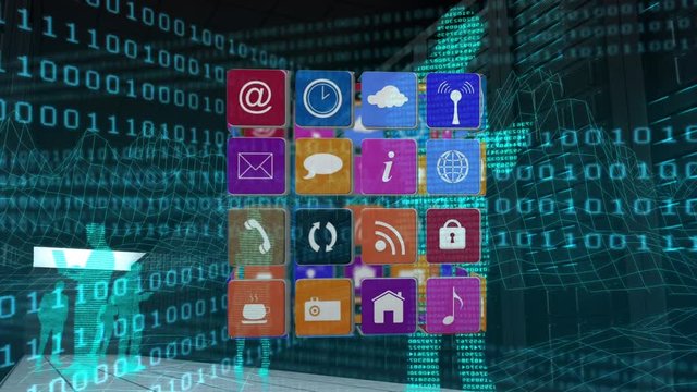 Online and application icons for social media in squares with binary codes and silhouettes.