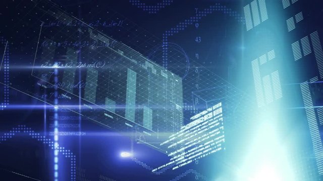 Futuristic interface with graphs and geometrical figures and program codes in the background