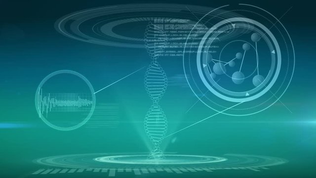 DNA double helix with heart ECG, molecule model, and program codes