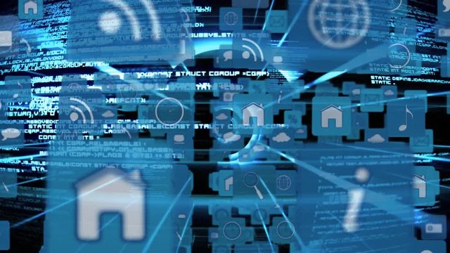 Online and application icons in squares and program codes