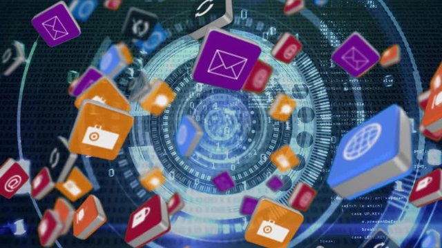 Online and application icons in squares and a futuristic circle with binary and program codes