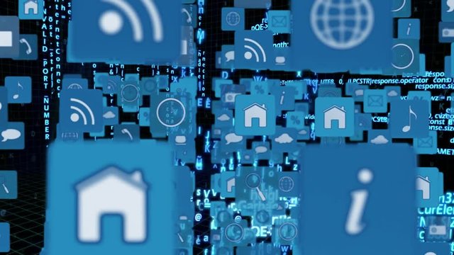 Online and application icons in squares and program codes