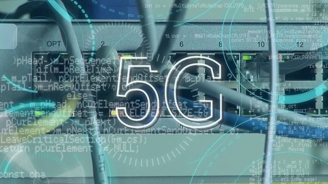 Cables and wires behind a 5G written in the middle of a futuristic circles and program codes