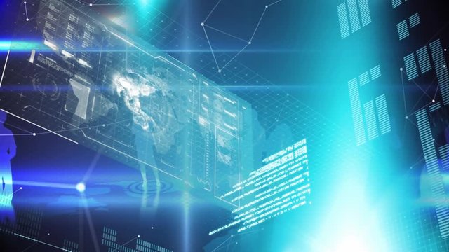 Futuristic interface with silhouette of business people and program codes