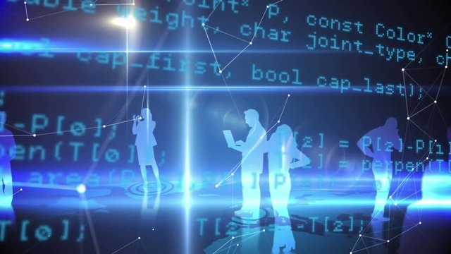 Silhouette of business people and program codes