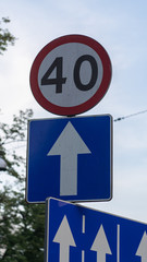 Road sign 40 km speed. One way sign.