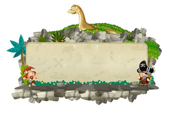 cartoon scene with natural title frame with rocks and plants diplodocus on white background illustration for children © honeyflavour