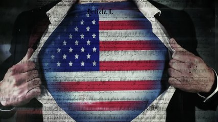 Man opening shirt to show American flag and the written constitution of the United States - Powered by Adobe