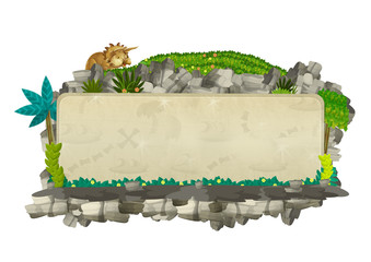cartoon scene with natural title frame with rocks and plants and triceratops on white background illustration for children © honeyflavour