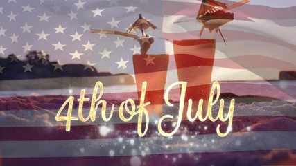 Two cocktails in the beach and an American flag with a 4th of July text. - Powered by Adobe