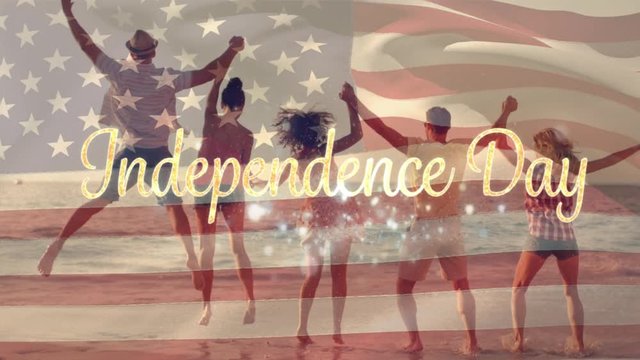 Friends at the beach and the American flag with Independence Day text