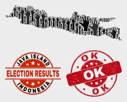 Ballot Java Island map and seal stamps. Red round OK distress seal. Black Java Island map mosaic of raised up ballot arms. Vector composition for ballot results, with OK seal.