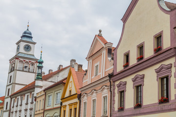 Buildings at Masaryk square in the old town of Trebon, Czech Republic.