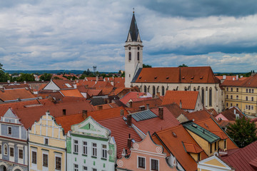 Fototapeta premium Church of St. Giles & the Virgin Mary Royal in the old town of Trebon, Czech Republic.