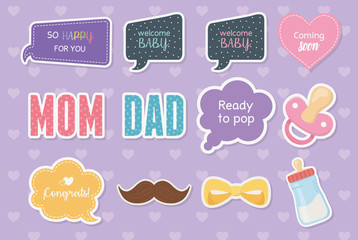 baby shower card with set accessories and messages