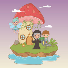 fairytale landscape scene with witch and warrior