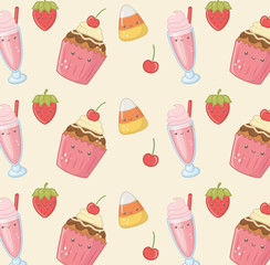 delicious and sweet products kawaii characters pattern