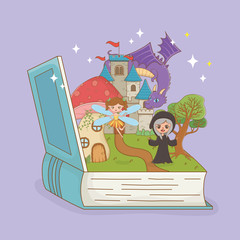book open with fairytale dragon in castle and witch