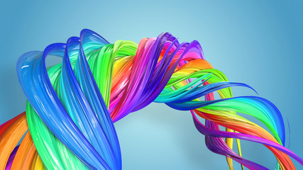 3d rendering of abstract rainbow color ribbon twisted into a circular structure on a blue background. Beautiful multicolored ribbon glitters brightly. 3