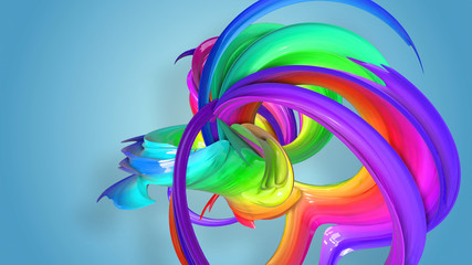 3d rendering of abstract rainbow color ribbon twisted into a circular structure on a blue background. Beautiful multicolored ribbon glitters brightly. 11