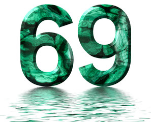 Arabic numeral 69, sixty nine, from natural green malachite, reflected on the water surface, isolated on white, 3d render