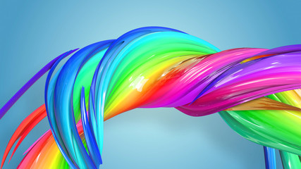 3d rendering of abstract rainbow color ribbon twisted into a circular structure on a blue background. Beautiful multicolored ribbon glitters brightly. 33