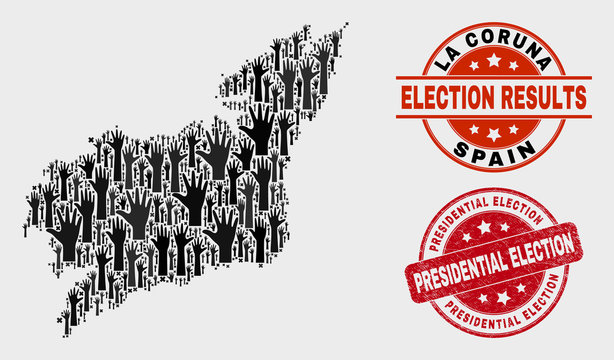 Voting La Coruna Province map and seal stamps. Red rounded Presidential Election textured stamp. Black La Coruna Province map mosaic of raised voting hands. Vector composition for ballot results,
