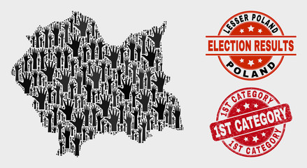 Election Lesser Poland Voivodeship map and seal stamps. Red rounded 1St Category distress seal stamp. Black Lesser Poland Voivodeship map mosaic of raised decision hands.