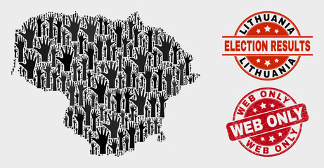 Political Lithuania map and seals. Red rounded Web Only scratched seal stamp. Black Lithuania map mosaic of raised decision arms. Vector composition for election results, with Web Only stamp.