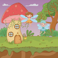 fairytale landscape scene with fairies flying