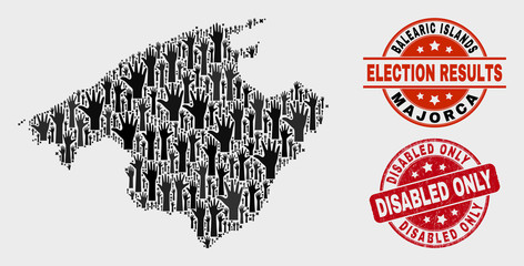 Election Majorca map and watermarks. Red rounded Disabled Only distress seal. Black Majorca map mosaic of upwards election hands. Vector collage for election results, with Disabled Only imprint.