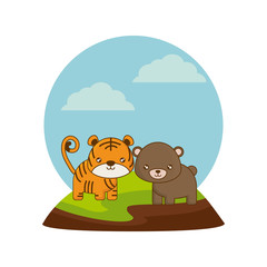 cute tiger with bear animals in landscape