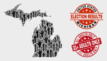 Voting Michigan State map and seal stamps. Red rounded 21+ Adults Only grunge seal stamp. Black Michigan State map mosaic of raised up referendum arms. Vector combination for referendum results, - obrazy, fototapety, plakaty