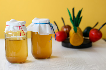 fermented drink, jun tea healthy natural probiotic in a glass jar