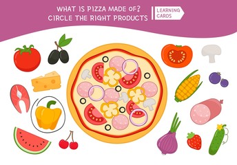 Educational game for children.  What is pizza made of? Circle the right products..