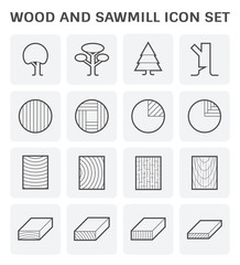Wood, sawmill industry vector icon i.e. process of cutting, square sawing. Include plant, tree, timber and wood product i.e. plank, board, lumber and girder. Material for woodworking and construction.