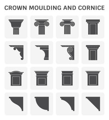 Crown moulding and cornice icon set in black with fluted capitals, scroll brackets and stepped trim profiles. Solid architectural ornaments depict classical columns, corbels and interior molding. © DifferR