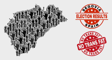 Election Segovia Province map and watermarks. Red round No Trans Fat textured seal stamp. Black Segovia Province map mosaic of upwards solution hands. Vector composition for election results,