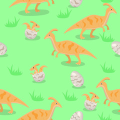 Seamless texture with the family of dinosaurs. Vector graphics.