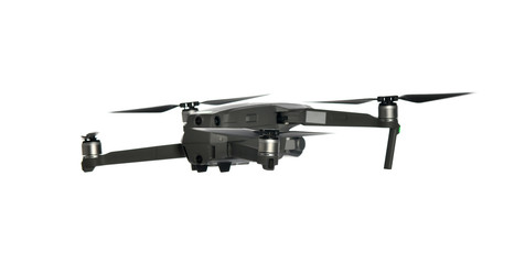 New dark grey drone quadcopter with digital camera and sensors flying on white