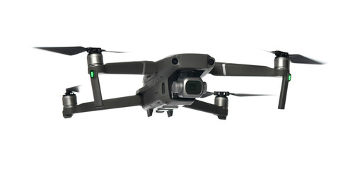 New dark grey drone quadcopter with digital camera and sensors flying on white