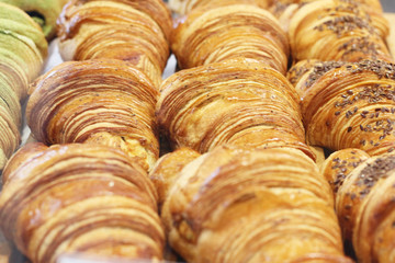 Fresh bread in a bakery at cafe.