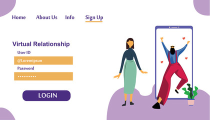 Landing Page Virtual Relationship, online dating and social networking concept vector template design illustration