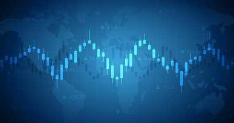 Widescreen Abstract financial graph with candle stick and world map on blue color background