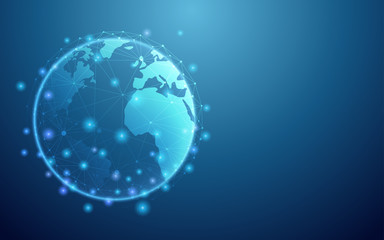 Abstract technology with global network connection dots on blue color background