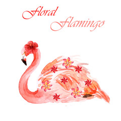 Watercolor pink flamingo with flowers isolated on a white background