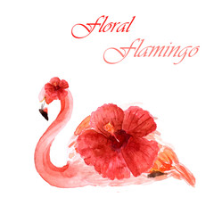 Watercolor pink flamingo with flowers isolated on a white background