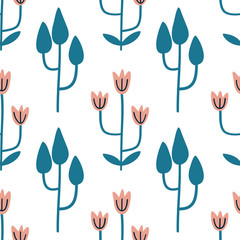 Seamless pattern with abstract hand drawn flowers and leaves on a white background. Vector design for wrapping paper, textile.