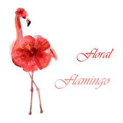 Watercolor pink flamingo with flowers isolated on a white background © Елизавета Порошина